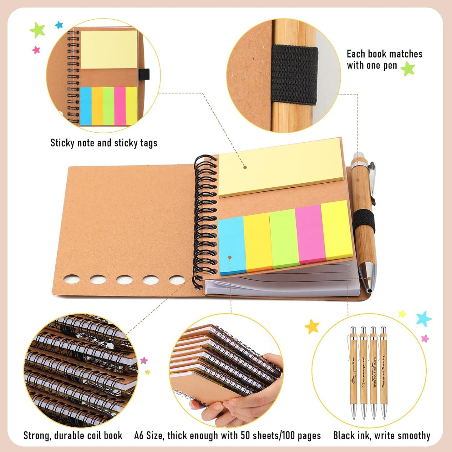 Tenceur Back to School Inspirational Gifts Bulk Employee Appreciation Spiral Notebook with Journals Sticky Note Pen Motivational Thank You Gifts for Teacher Students Team Coworkers Staff(100 Sets)