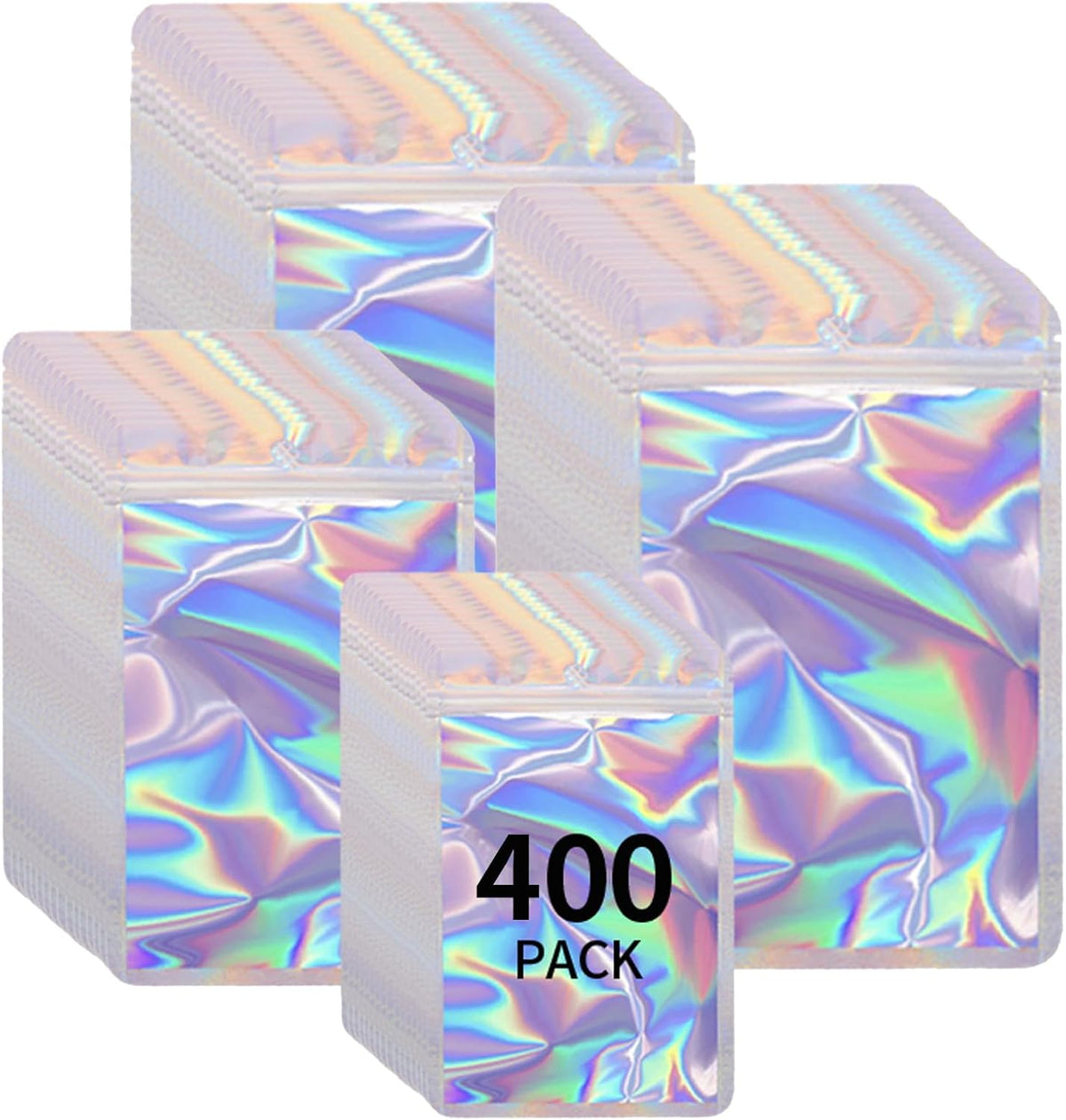 400 Pack 4 Sizes Resealable Mylar Holographic Bags Food Storage Smell Proof Bags with Front Window Foil Packaging Pouch for Sample Jewelry Small Business (Holographic,3x4.7,3.1x5.5,4x 6,4.7x 7.9in)