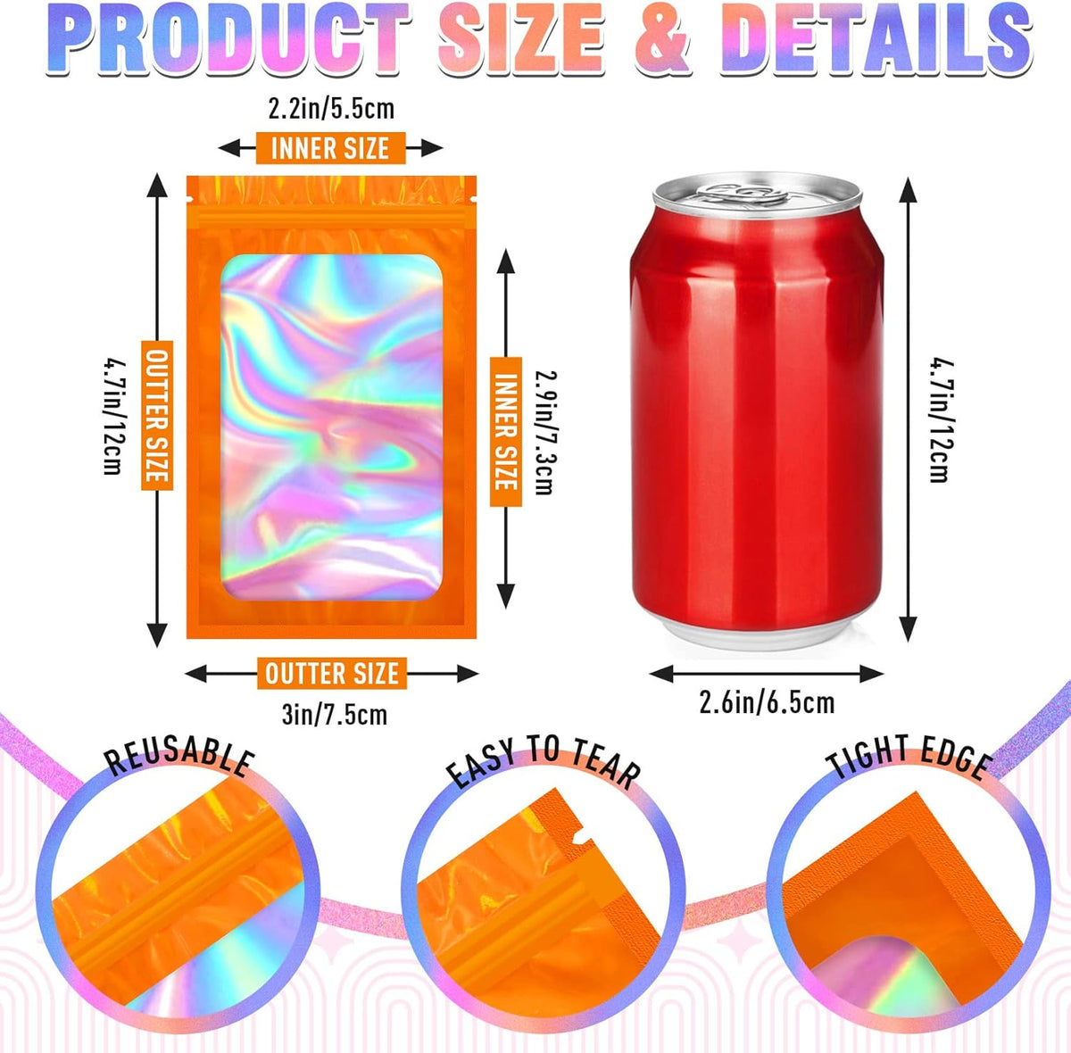 Smell Proof Bag, 100 PCS Holographic Bags, Packaging Bags, Resealable Bag (3x4.7 Inch)