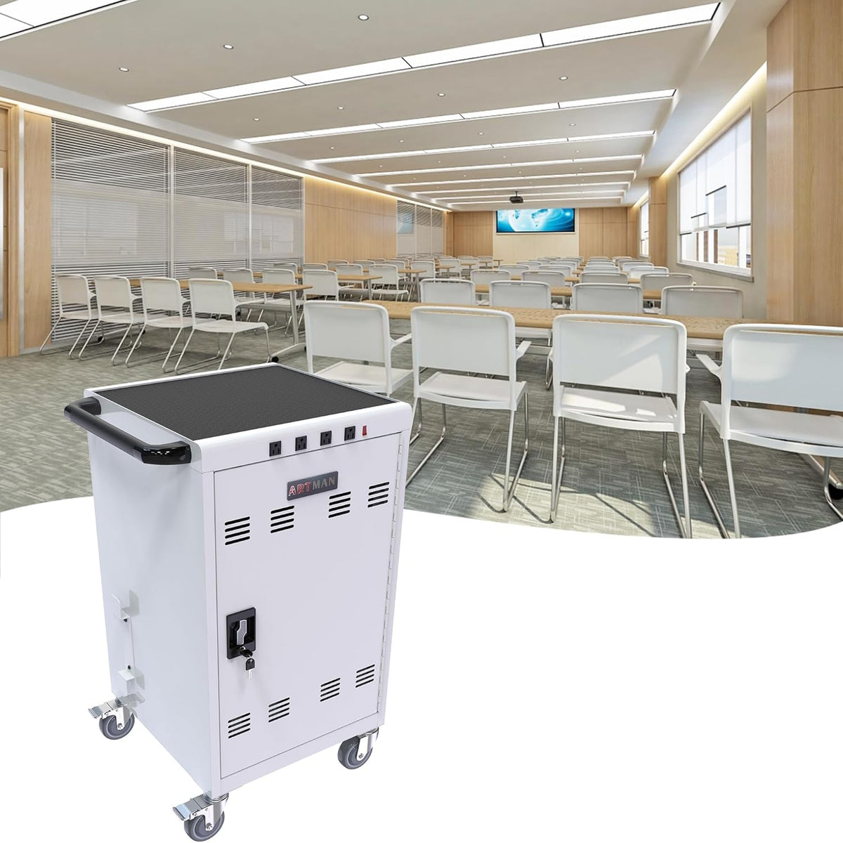 36-Device Mobile Charging Cart with Charging Power Strip and Front and Rear Access Locks, Cable Management, Up to 17"", Safe Charging Cabinet for Ipads, Chromebooks, Tablets, Laptops White
