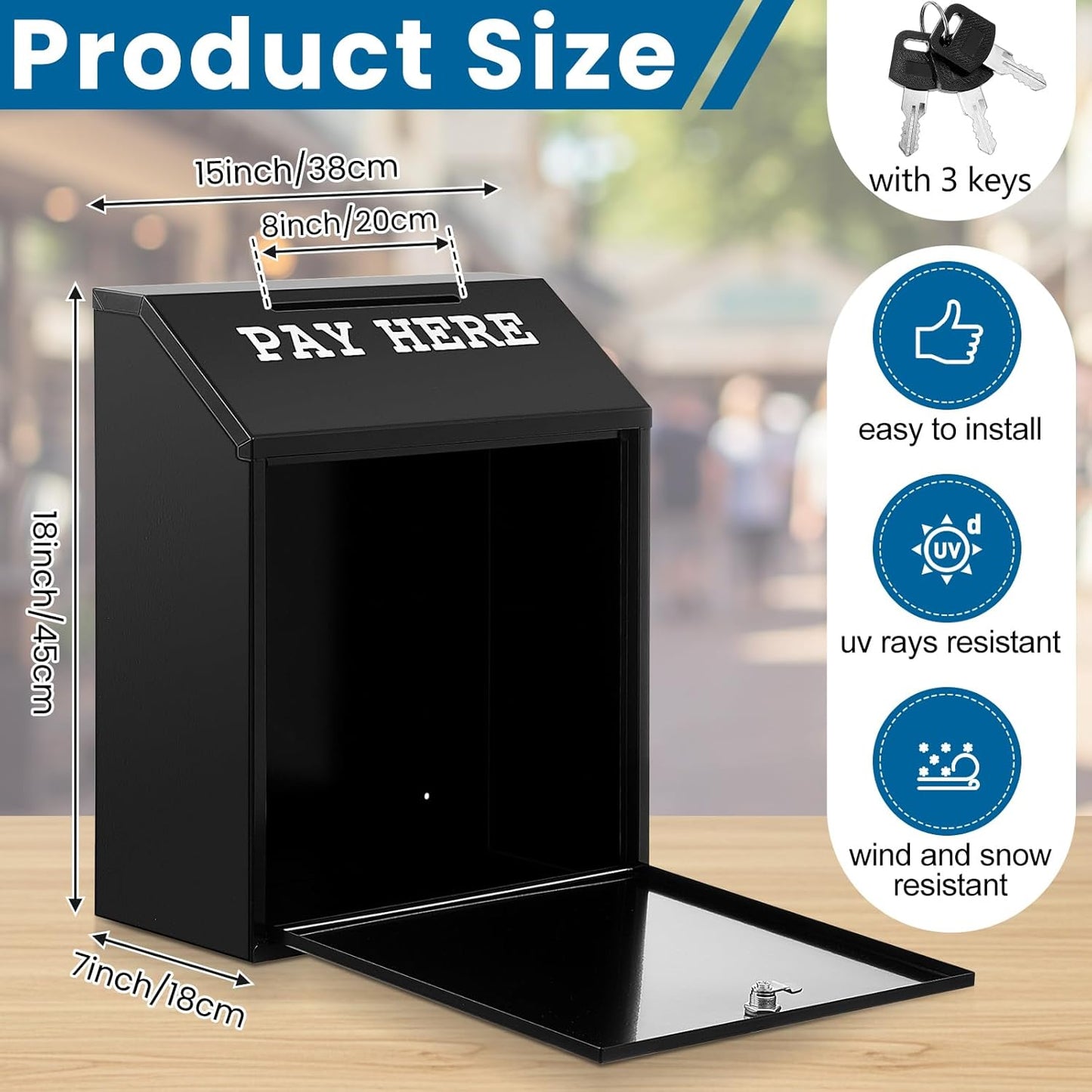 18 x 15 x 7 Inch Safe Cash Box Money Collection Metal Donation Box with Lock Wall Mount Pre Drilled Mailbox Delivery Ballot for Home Office Outdoor Self Serve Stand (Black)