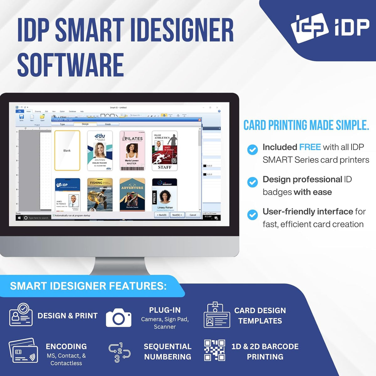 IDP SMART-31 Series ID Card Duplex Printer Bundle with USB Camera, Software, Manual and Guides - Includes 200-Print YMCKOK Color Ribbon and 100 PVC Plastic Cards - Now with SMARTMark Security
