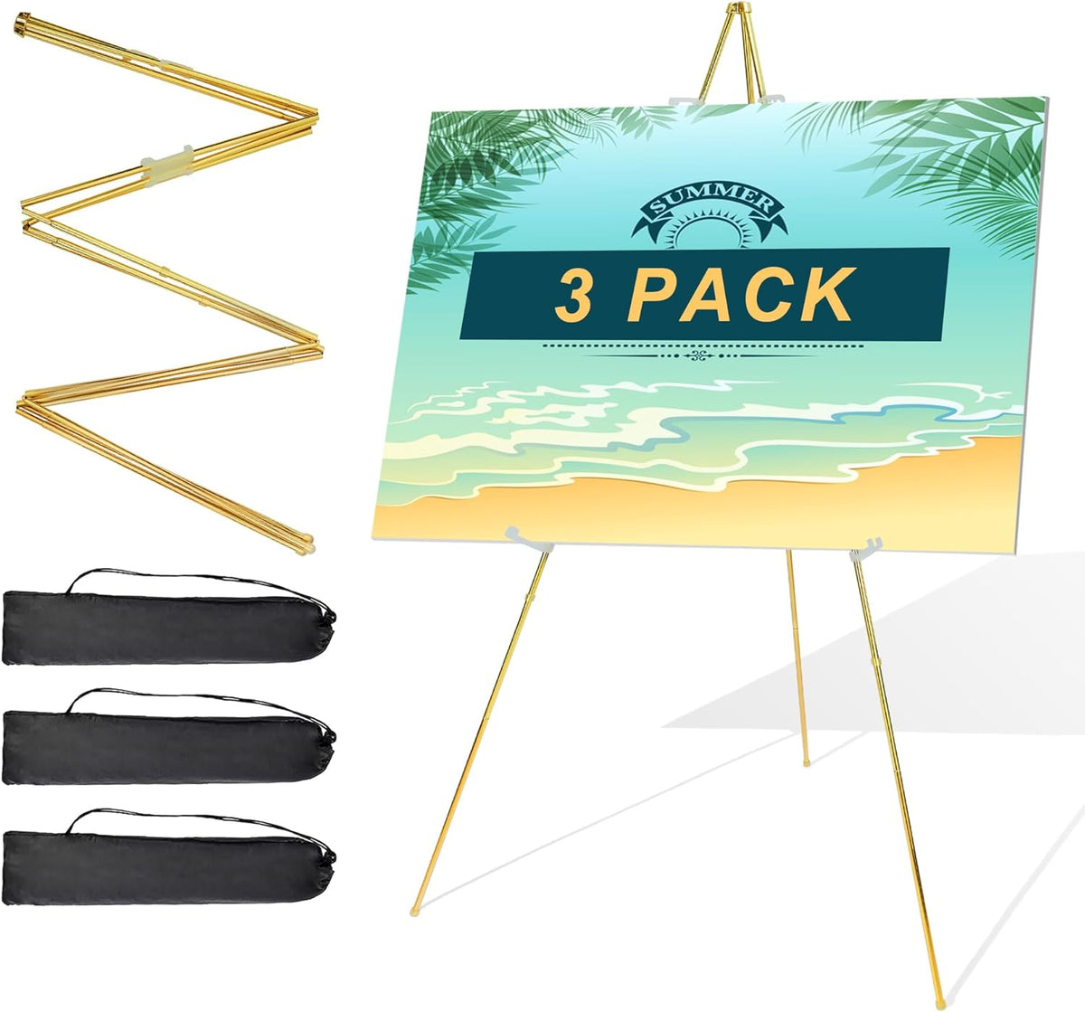 Easel Stand for Sign 63'' Art Easels for Display Wedding Welcome Poster Stand Portable Floor Metal Easel Gold 3 Pack