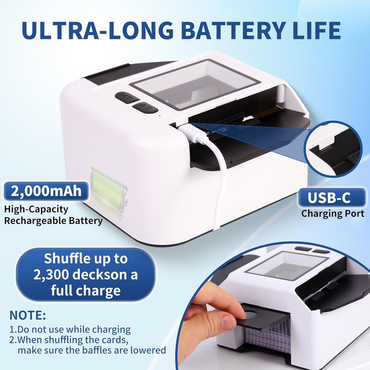 Rechargeable Automatic Card Shuffler for 2 Decks, 2000mAh Built in Battery USB-C Charge, Low Noise Fast Shuffle, Smart Auto Shuffler for UNO Poker Blackjack Skip-Bo Texas Hold'em Canasta Skyjo(White)