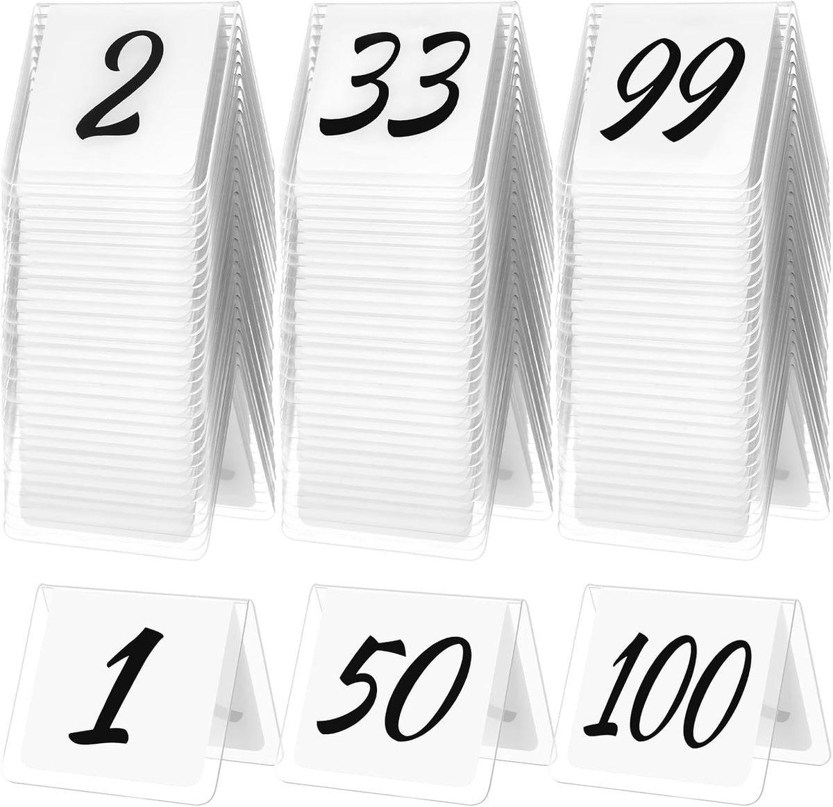 Suzile Table Numbers 1-100, 100-piece Double Sided Gold Acrylic Table Number Tents, 3.15" x 2.75" Number Signs for Receptions, Banquets, Restaurants, and Wedding (White and Black)