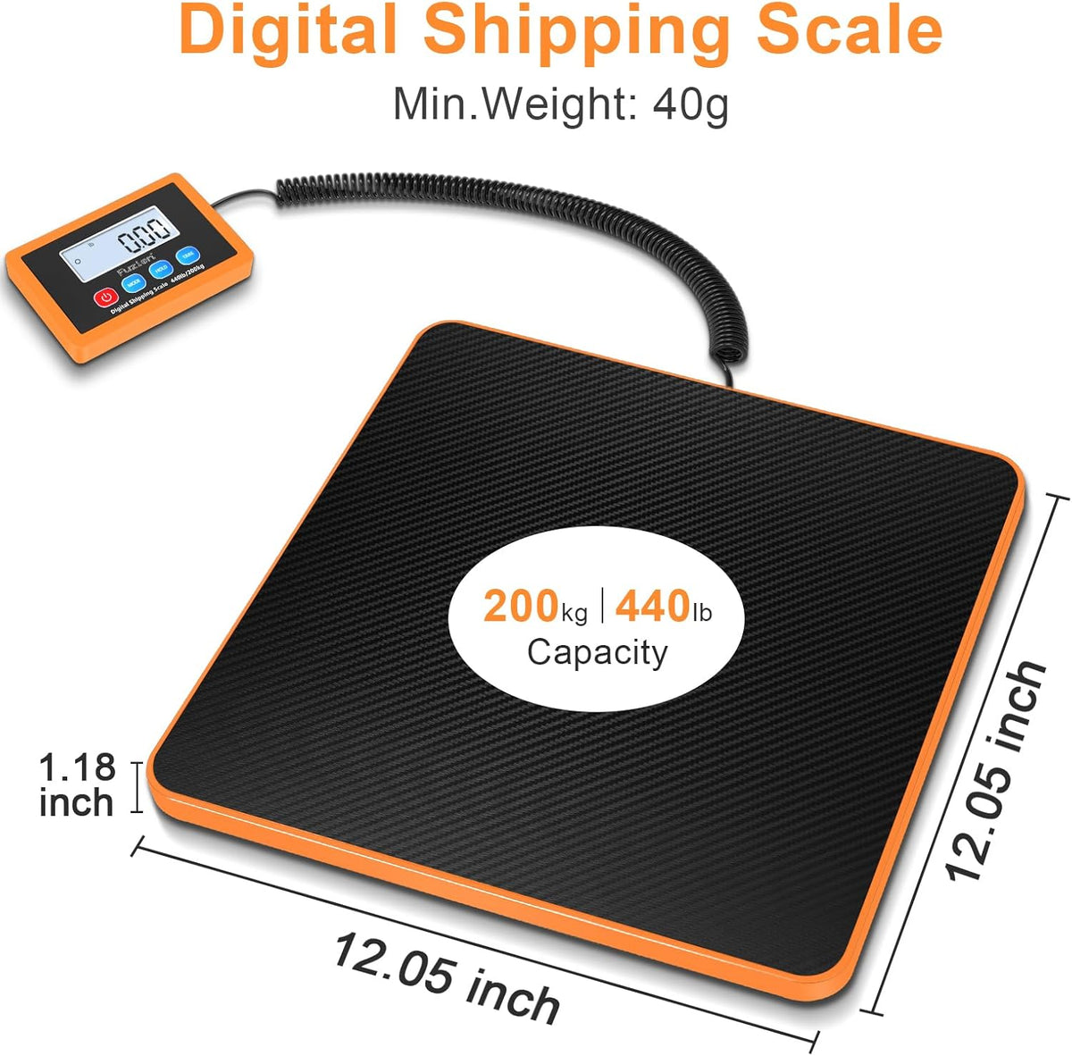 Fuzion Shipping Scale, 440LB/200KG x 10g Digital Postal Scale, Hold/Tare Function, Postage Scale for Packages Small Business/Luggage/Mailing, Battery & AC Adapter Included
