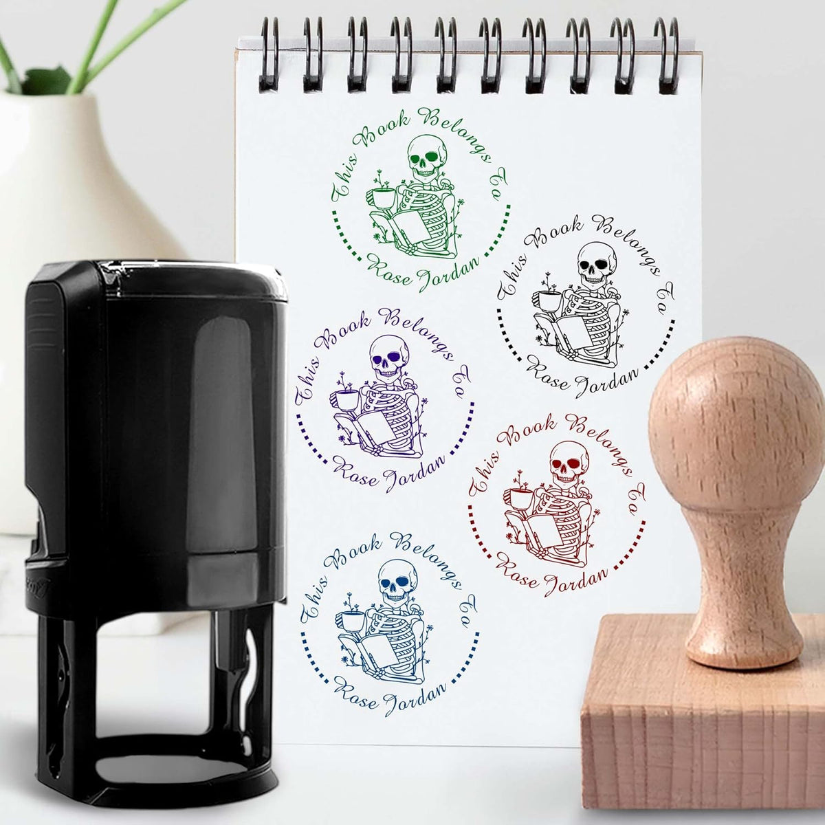 Skull Themed Library Book Embosser，Custom Book Business Card Paper Document Notebook，Self Inking Stamp，Book Lover Gifts，Christmas Gifts (Style05)