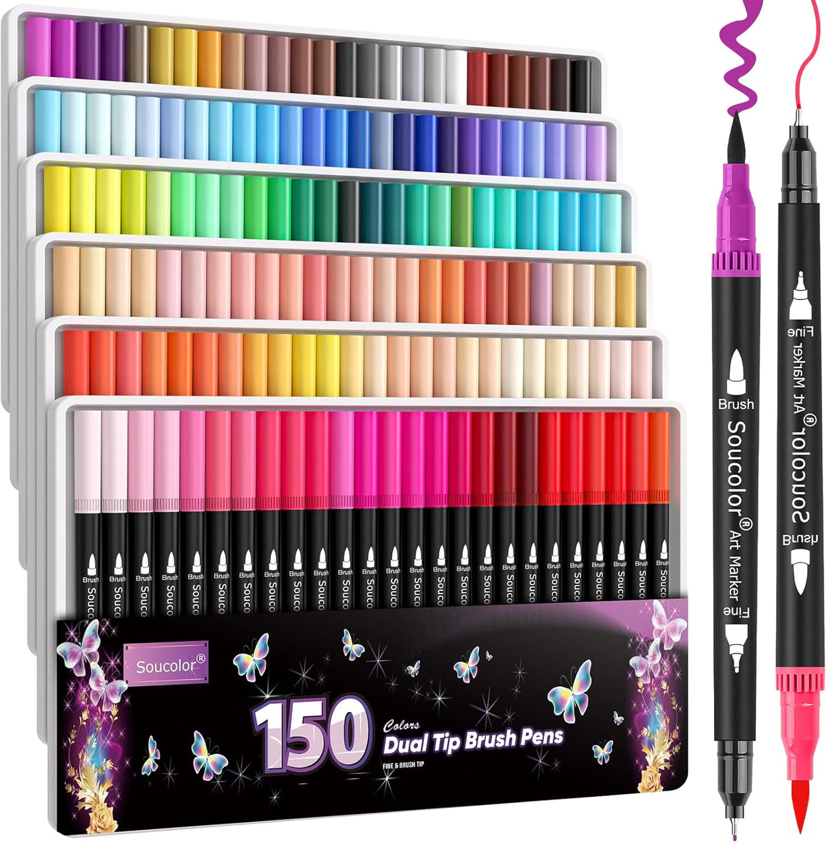 Soucolor Gifts for Women, Gift Baskets for Women Adult, 150 Colors Dual Tip Brush Markers for DIY Journal Kit Coloring Drawing Sketching, Sister Gifts Sets Box for Kids Teens Girls Gift