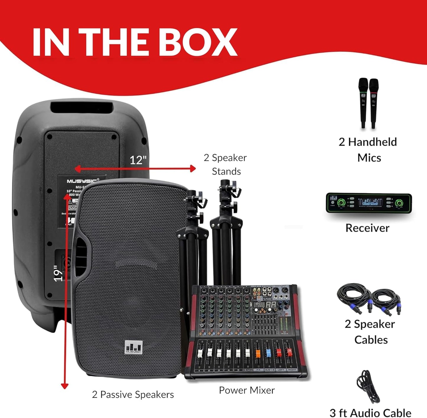MUSYSIC Portable PA System with 2000W Amp & Wireless UHF Microphone System. 6 Ch Audio Mixer with Multiple Inputs. pa system with wireless microphone and speakers, Complete w/Stands - 10" Speaker 800W