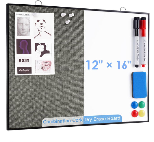 ARCOBIS Dry Erase Linen Board, 12"X16" Small Cork Board White Board Combination, Double-Sided Magnetic Bulletin Board for Wall, Vision Board for Home, Office, School, Grey