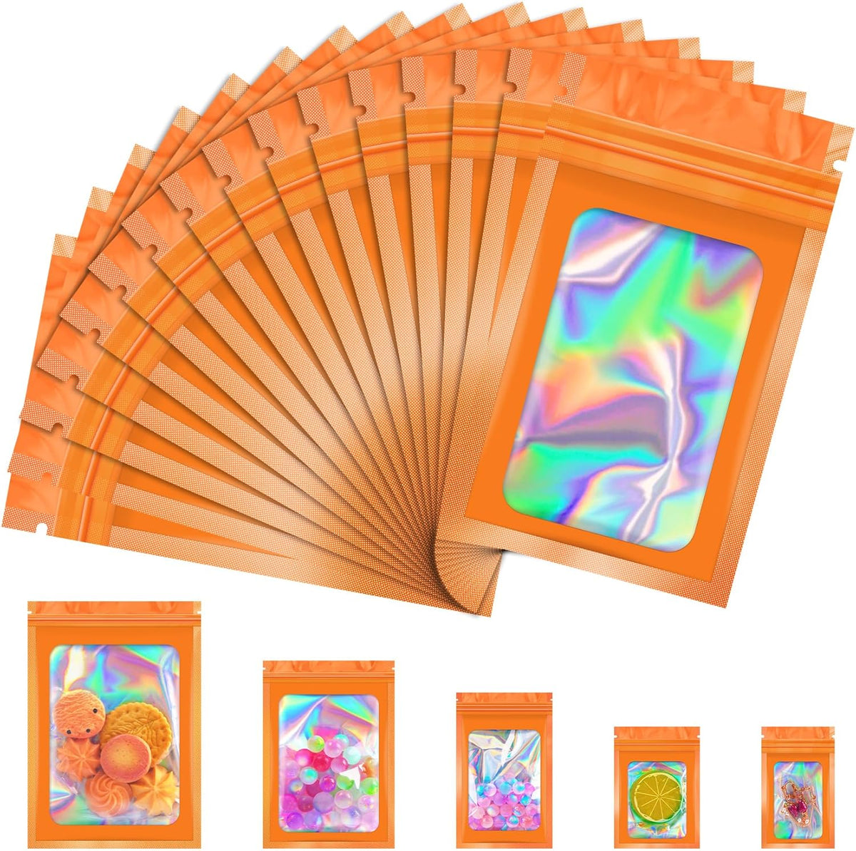 100 Pcs Mylar Bags, Smell Proof Bags Foil Pouch, Holographic Resealable Bags for Small Business, Candy Sample Jewelry Bag Sealable Packaging for Party Favor Food Storage ((2.8x3.9in-Orange)