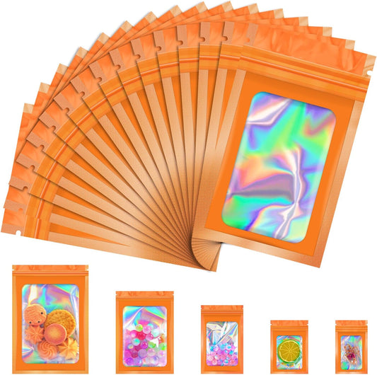 100 Pcs Mylar Bags, Smell Proof Bags Foil Pouch, Holographic Resealable Bags for Small Business, Candy Sample Jewelry Bag Sealable Packaging for Party Favor Food Storage (2.4x3.9in-Orange)