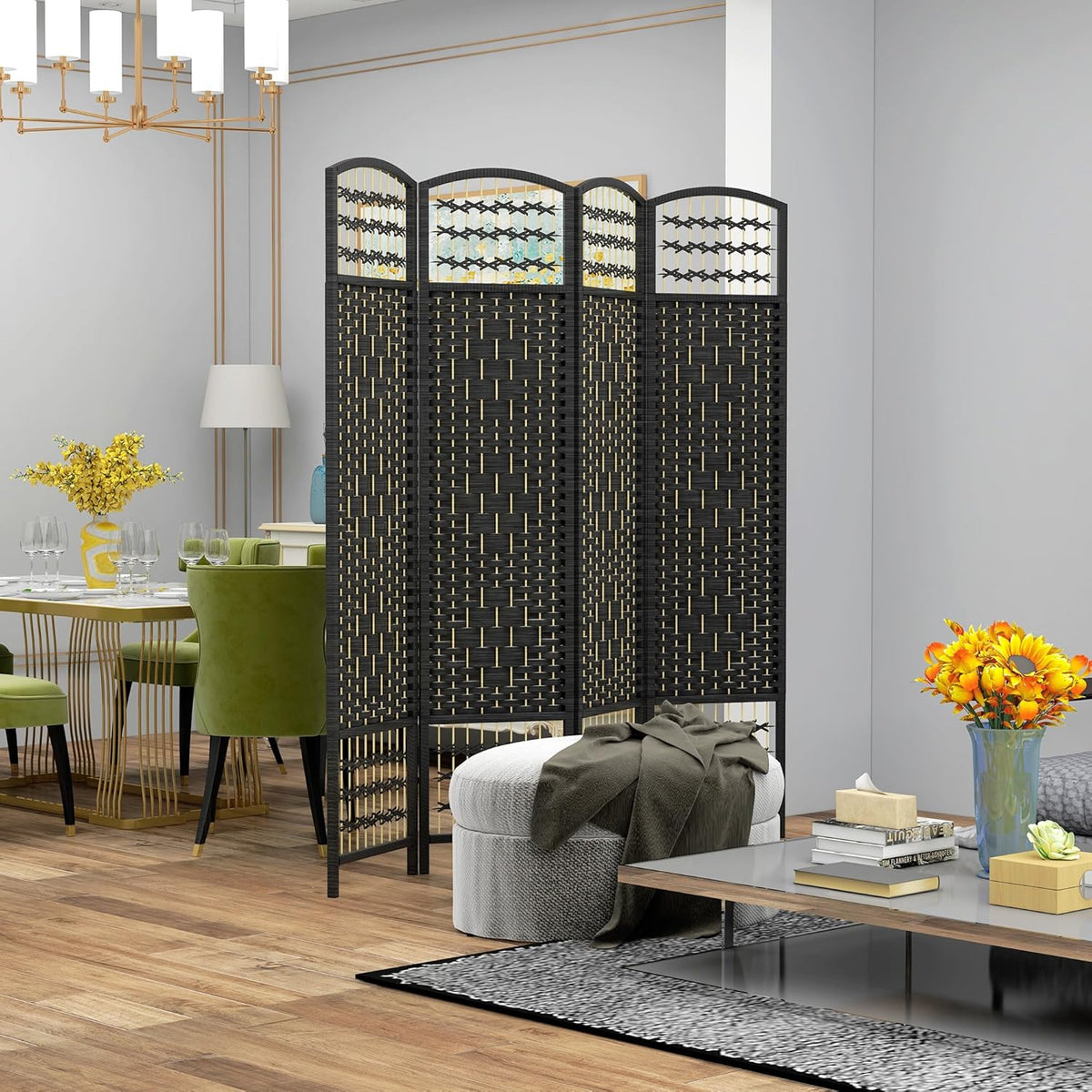 HOMCOM 4 Panel Room Divider, Folding Privacy Screen, 5.6' Room Separator, Wave Fiber Freestanding Partition Wall Divider, Black