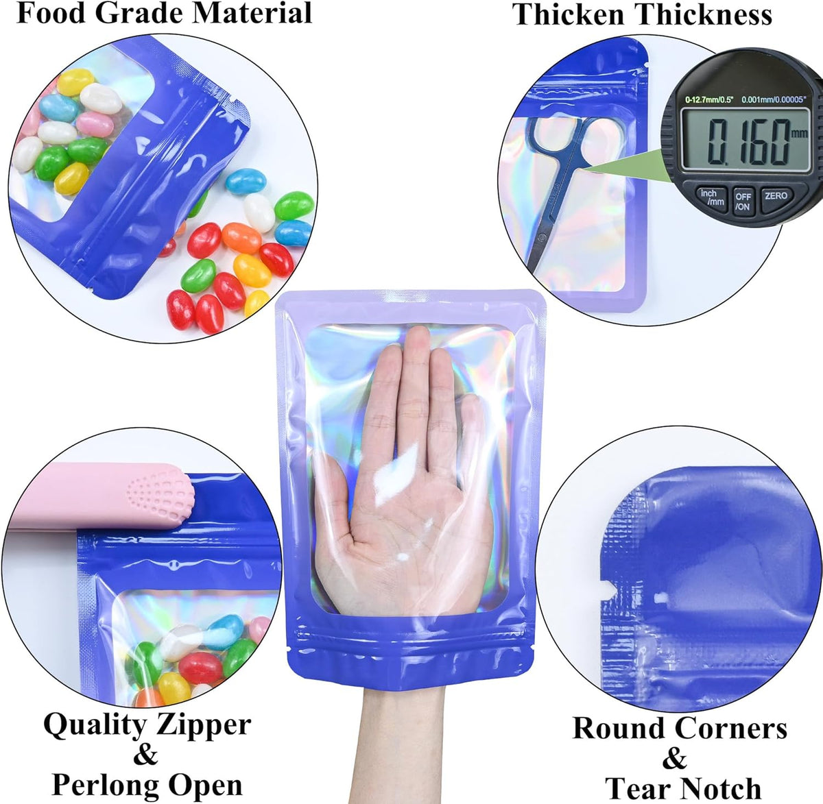 Resealable Mylar Pouch Pen Bags Great for Office Home Party Favor Food Storage Cookies Sample Jewelry Snack (100PCS, Purple and Blue Color, 2.4 x 4 inch)