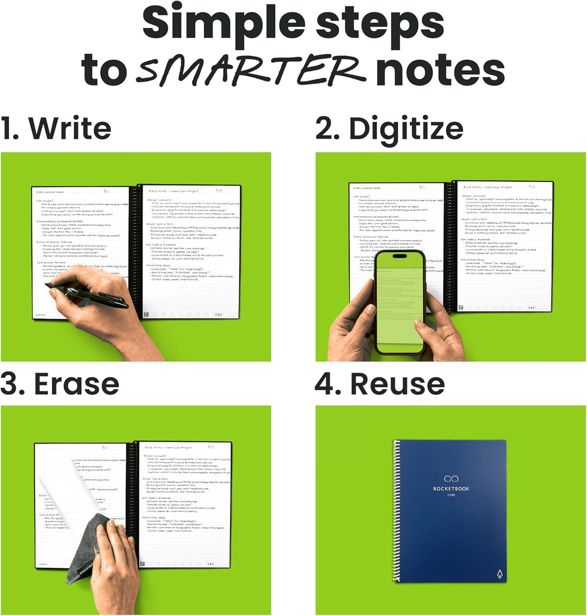Rocketbook New Core Reusable Spiral Notebook, Letter Size 8.5x11, Navy Blue - Lined Pages, App-Connected, Erasable, Durable Cover, Ideal for School, Work, and Creative Projects