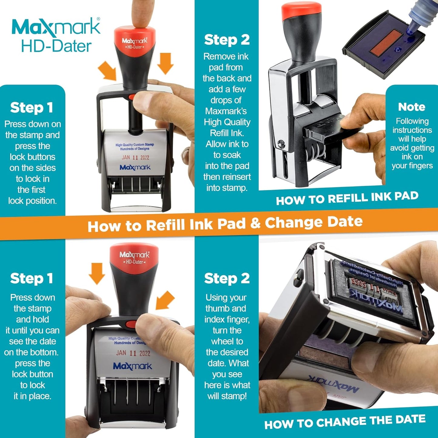 MaxMark Heavy Duty Self Inking Date Stamp with Phrase Revised - Red Ink