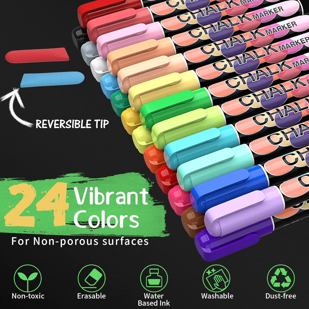 Liquid Chalk Markers Pens - 24 Colors Washable & Wet Erase Neon Chalk Makers for Blackboard, Chalkboard Signs, Glass Window, Graduation Celebration School Kids Art - Erasable Window Markers for Cars