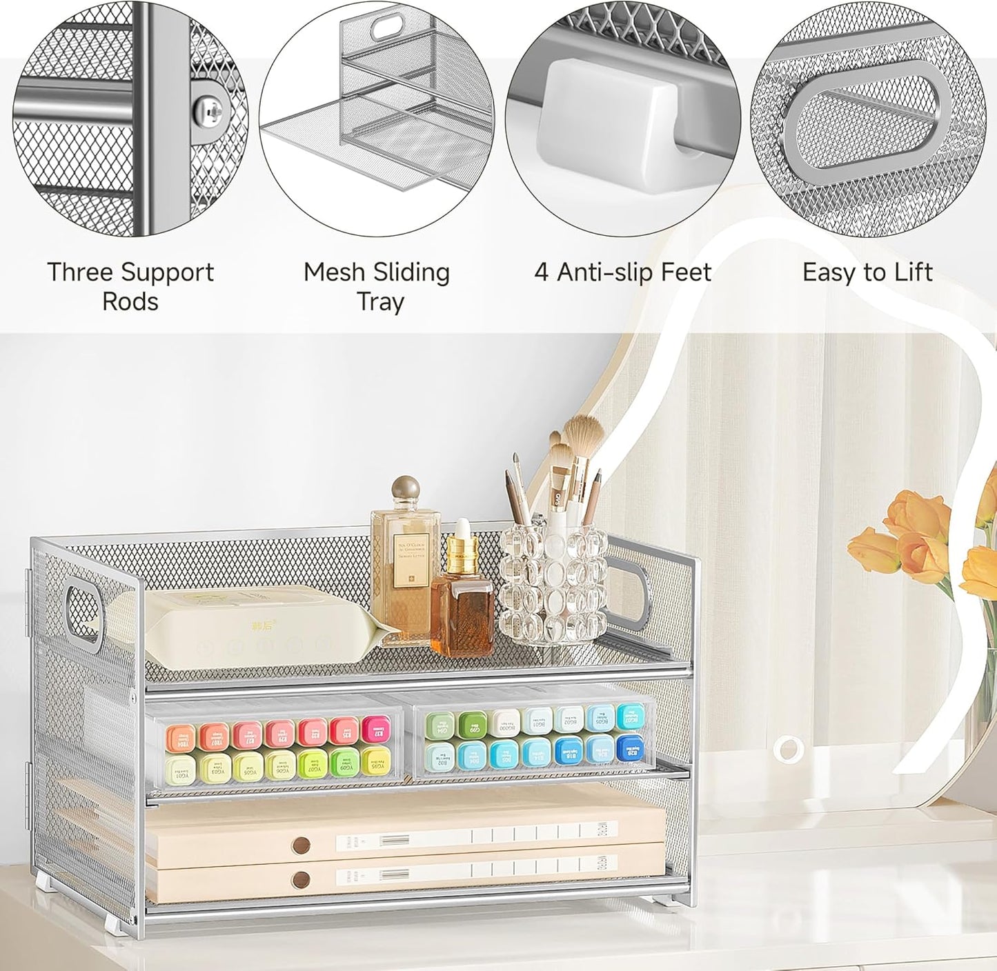 Subekyu 3 Tier Paper Desk Organizer with Handle and 1 PC Slideable Letter Tray, A4 Paper File Folder Sorter Metal Mesh Organizer for Home Office School Desk Supplies Organization Storage, Silver