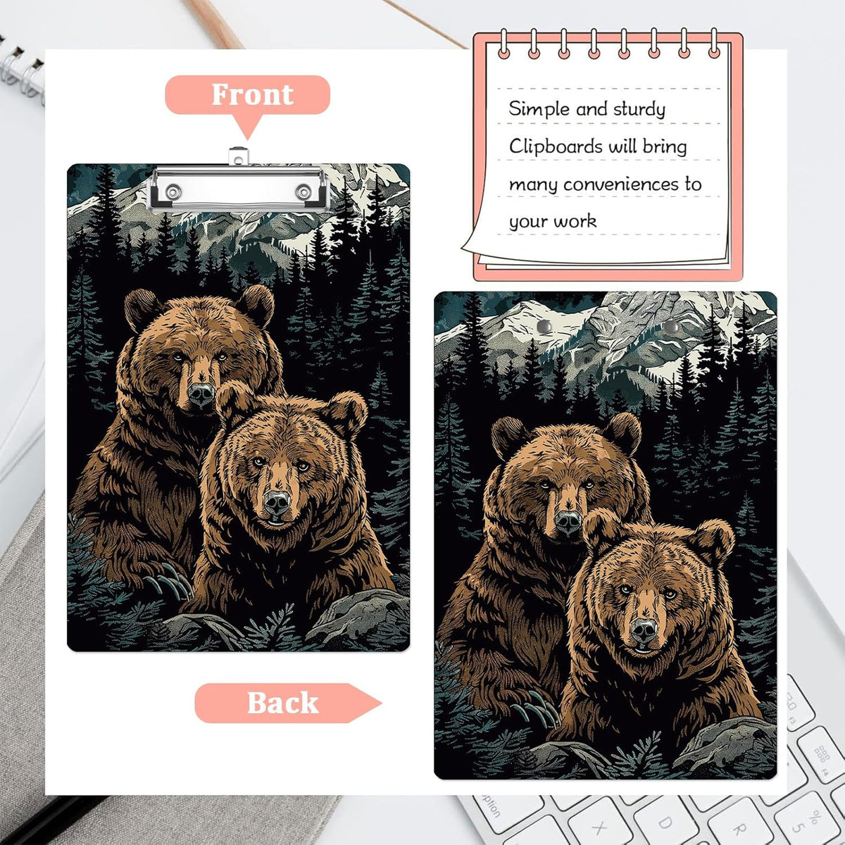 Mountain Bear Plastic Clipboards,Cute Fashion Clipboard Decorative 8.5" x 12.5"Standard A4 Size Clipboards,Acrylic Clipboard for Teacher,Social Worker,Students,Nurse,Office Supplies