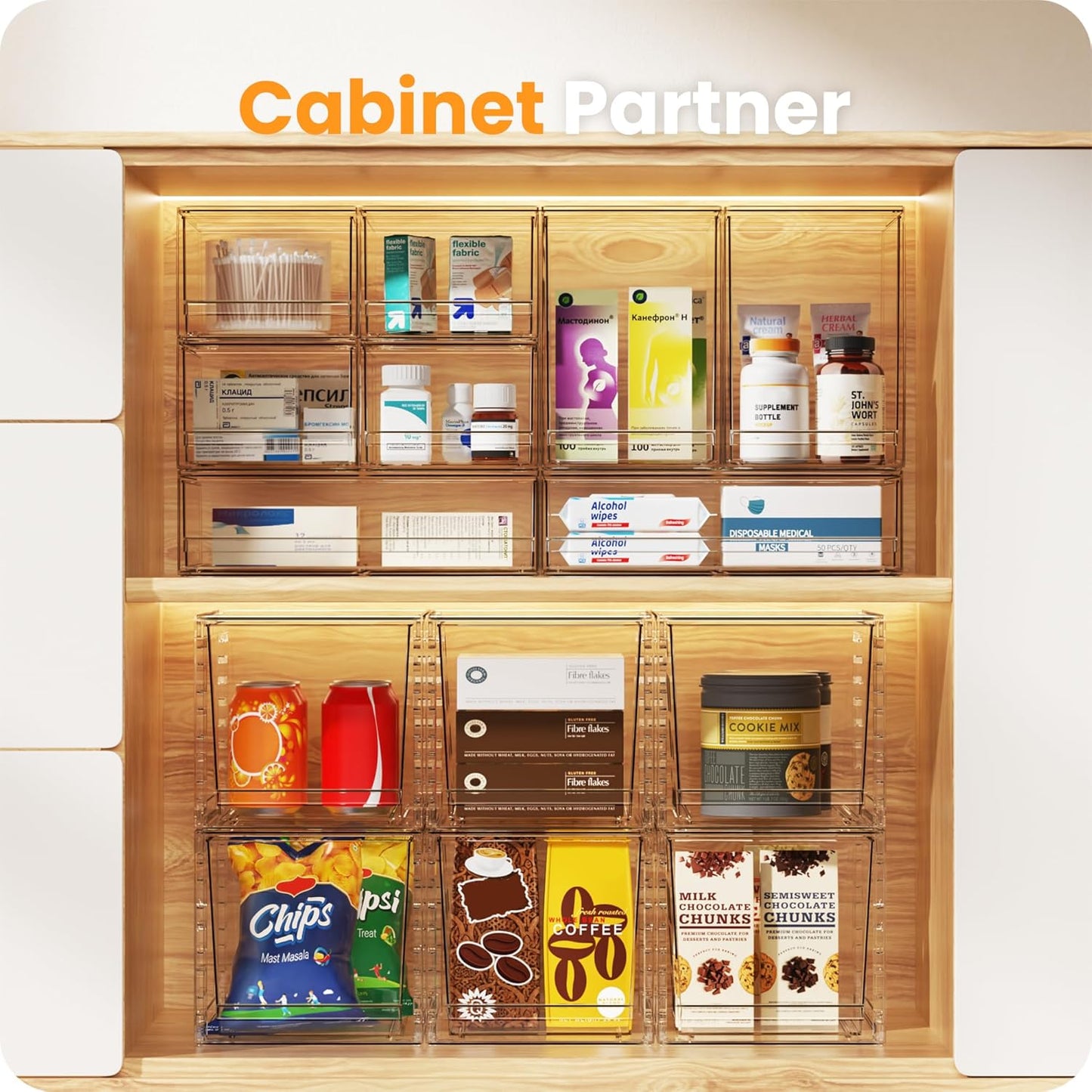 A-LuGei 【𝟮𝗣𝗖𝗦】 Acrylic Stackable Storage Drawers, 8.7" H Makeup Organizer, Bathroom Organizer and Storage, Plastic Storage Bins for Kitchen Cabinet Pantry Medicine Fridge