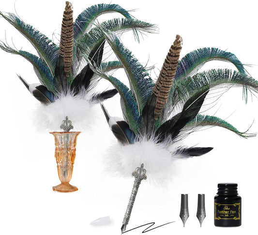 CROWN GUIDE Luxury Feather Pen with Black Ink Set - 13.8" Peacock Fancy Quill Fountain Pen for Writing Calligraphy, Wedding Nikkah Pen for Guest Book Journaling Gift, White