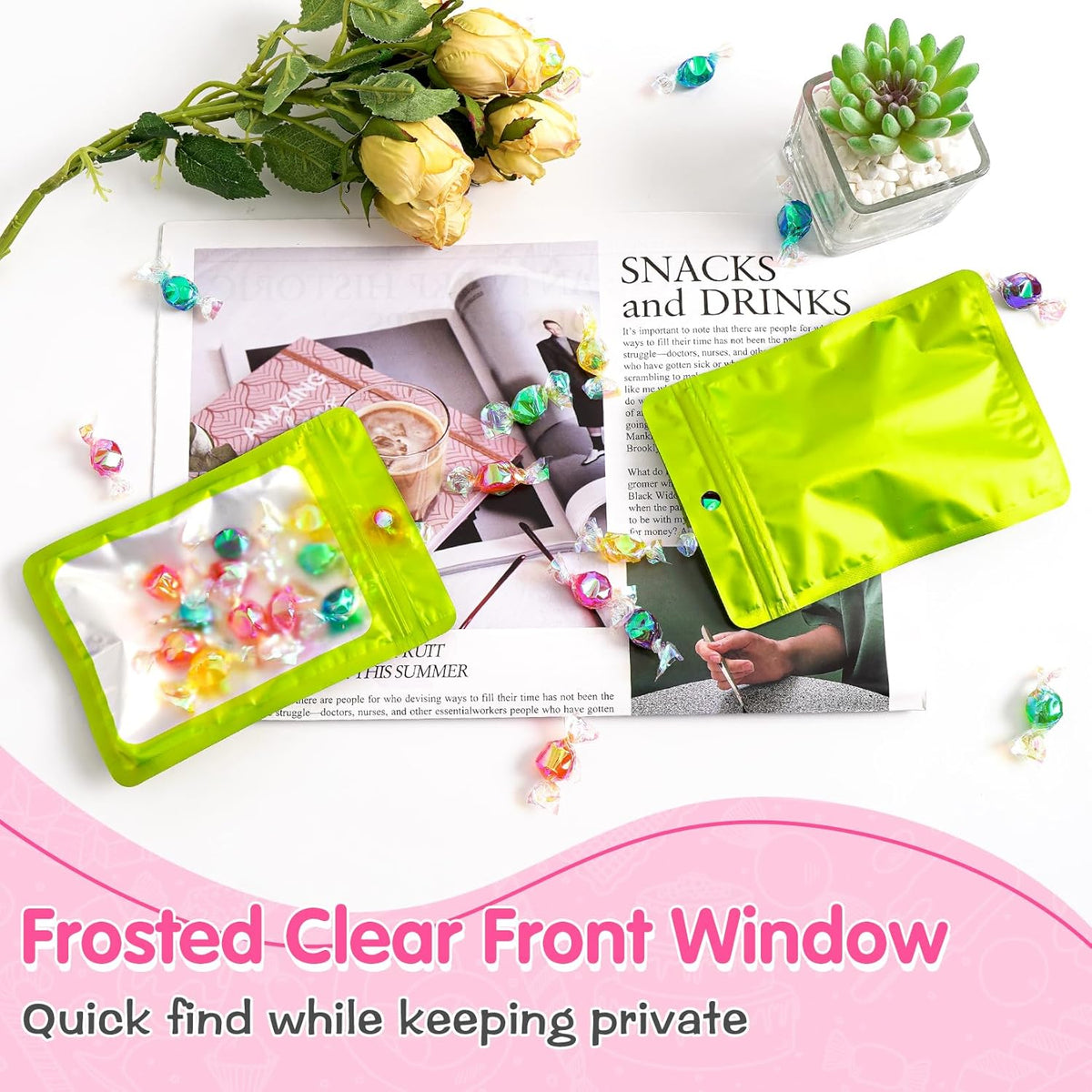 FUNFERY 100 Pack Mylar Resealable Bags Foil Packaging Bags with Clear Window,Zipper Pouch Smell Proof Bag for Food Storage,Cookies,Sample,Small Business(Green,4x6inch)