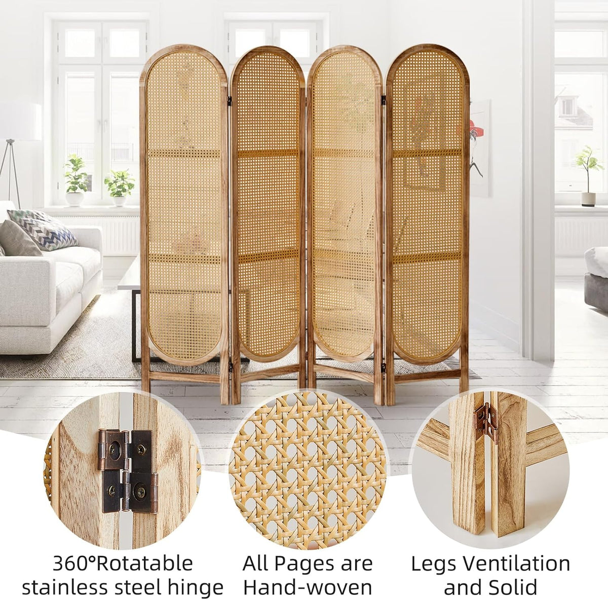 4 Panels Room Dividers and Hand-Woven Rattan Room Divider Wall, Wood Room Divider Folding Privacy Screens for Home Office Bedroom, Light Brown