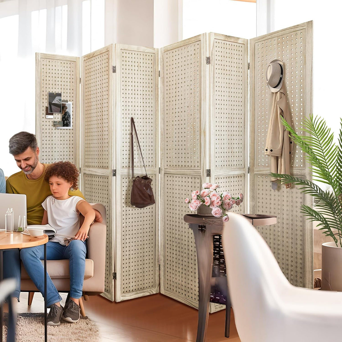 Room Divider, 5.6FT Folding Room Divider Panel, 6 Panel Pegboard Display Wood Partition Wall Divider for Room Separation& Craft Shows, Natural Wood
