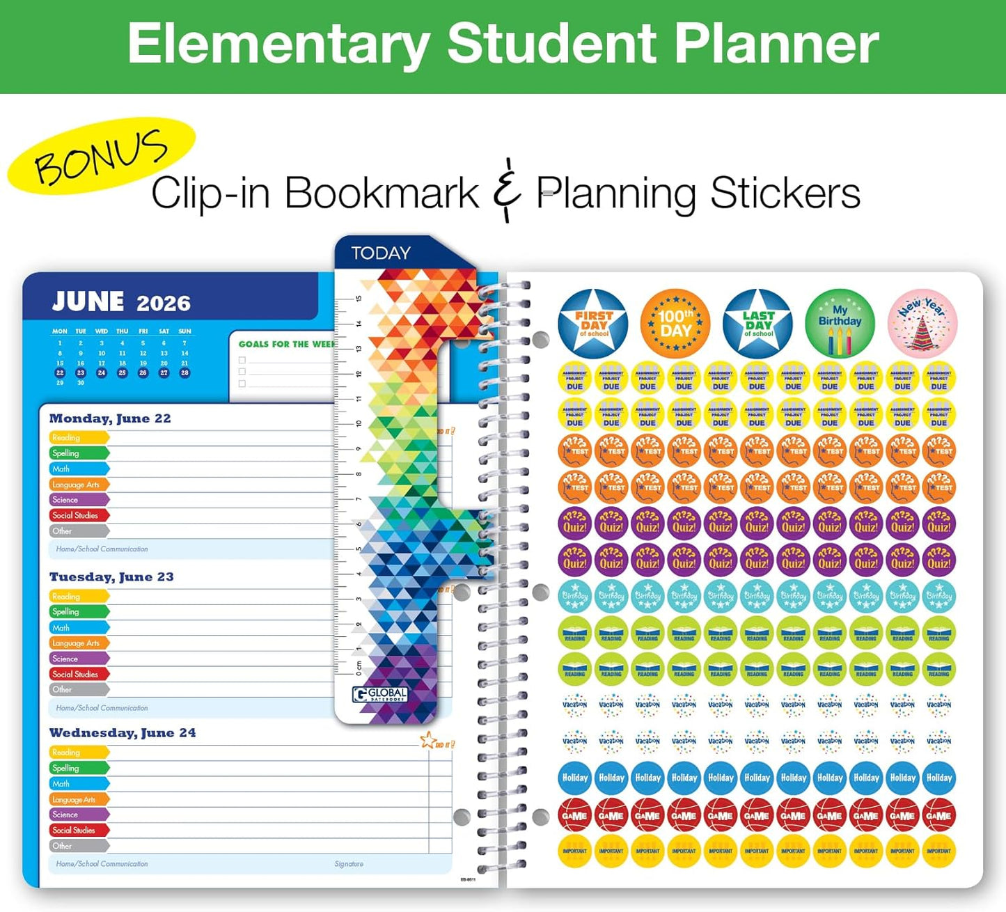 Global Datebooks 2025-2026 Elementary Student Planner 8.5x11 - Dated Weekly & Monthly Academic Planner (Large) with Ruler/Bookmark & Stickers, Ideal for Homework, Block Style, Teamwork