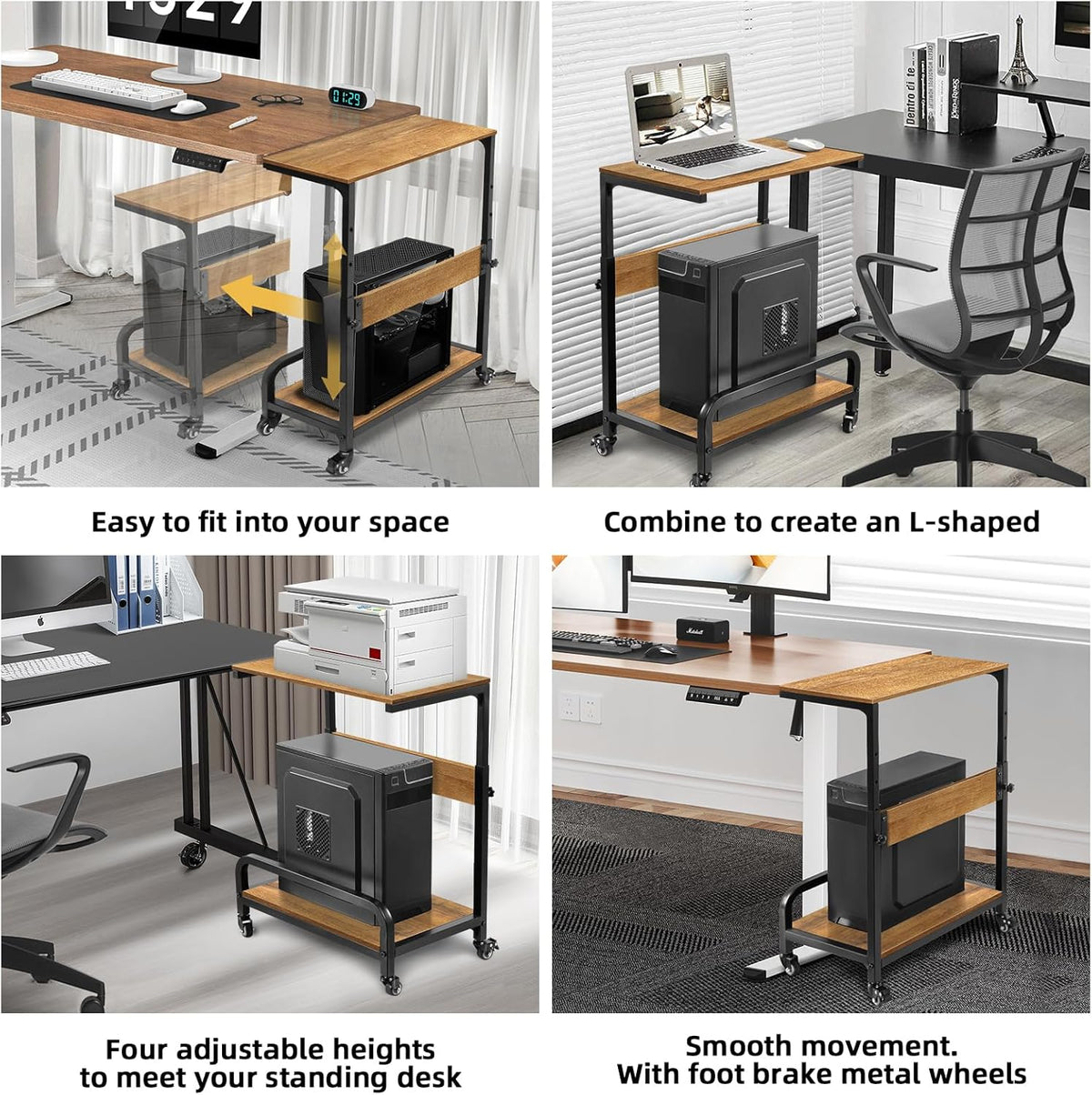 Computer Tower Stand Adjustable 2 Tier for ATX Extra Large CPU Floor Stand PC Tower Stand CPU Holder Cart with Guard Rail Metal Locking Wheels 32.7" X 21.6" X 15.8",Walnut