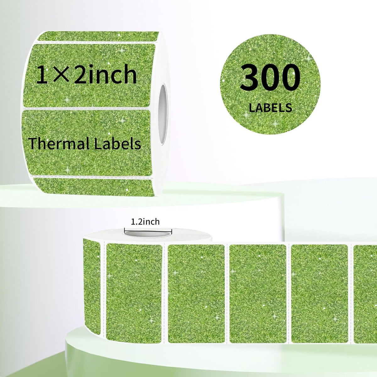 2"x1" Holographic Thermal Labels Stickers, Glitter Direct Thermal Printer Labels, Waterproof Self-Adhesive Address Shipping Label Stickers, 300 Sheet/ 1 Roll, Holographic Shiny Green
