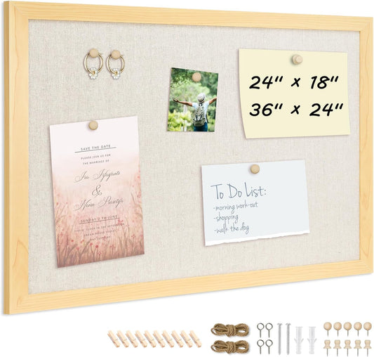DOLLAR BOSS Bulletin Board with Linen 36'' x 24'' Wood Framed Cork Boards for Walls, Photo Display Pin Board, Decorative Corkboard for Office Home School Dorm Decor with 10 Pushpins, Natural Wood