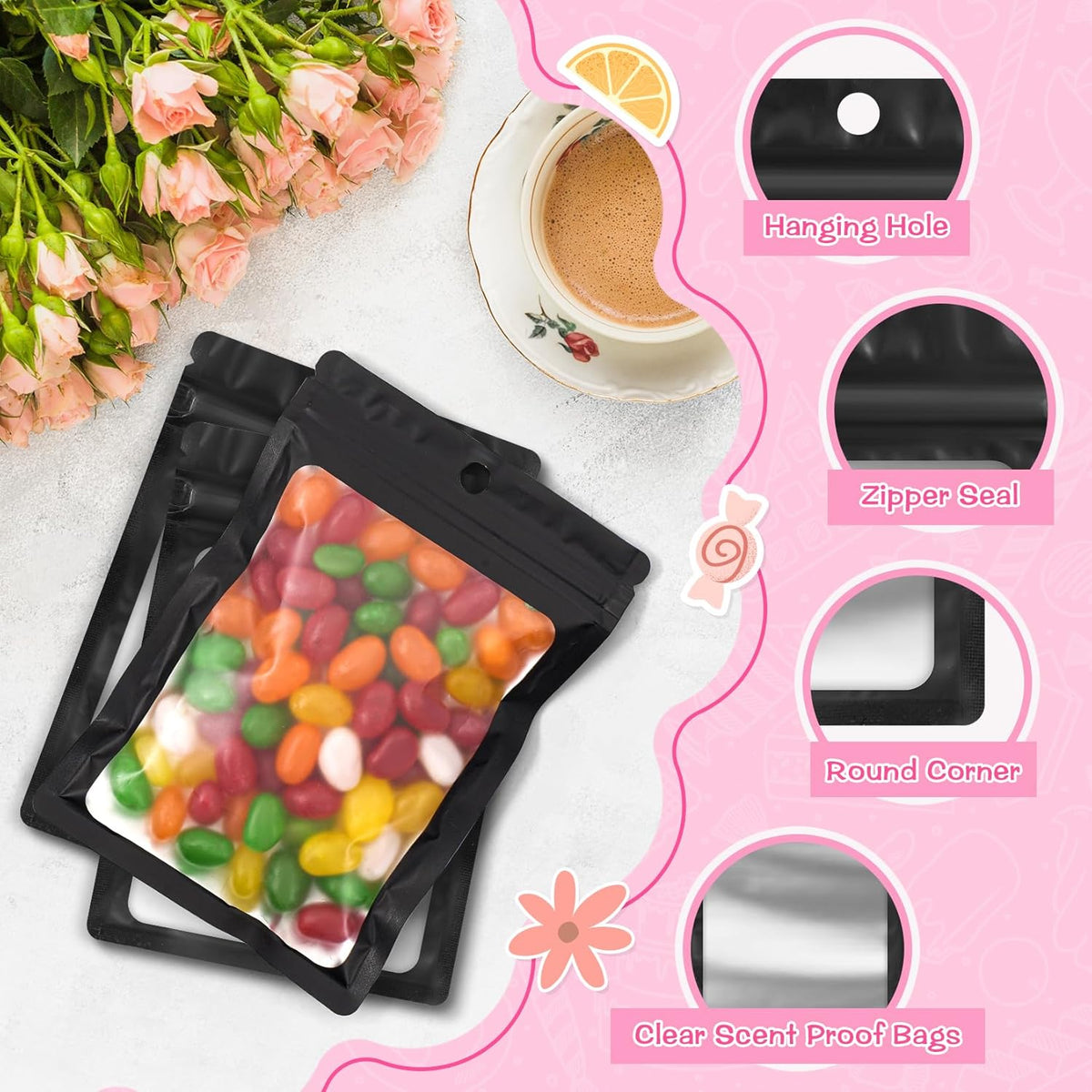 FUNFERY 100 Pack Mylar Resealable Bags Foil Packaging Bags with Clear Window,Zipper Bag Smell Proof Pouch for Food Storage,Cookies,Sample,Small Business(Black,3x4.7inch)
