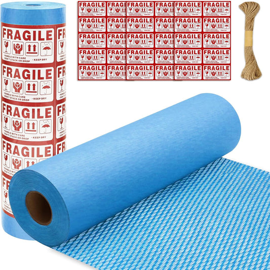 Honeycomb Packing Paper PINENUTS 15" x 131' Eco Friendly Packing Paper for Moving Recyclable Honeycomb Paper Bubble Paper Wrapping with 30 Fragile Sticker Labels and 66fthemp rope (Sky blue)