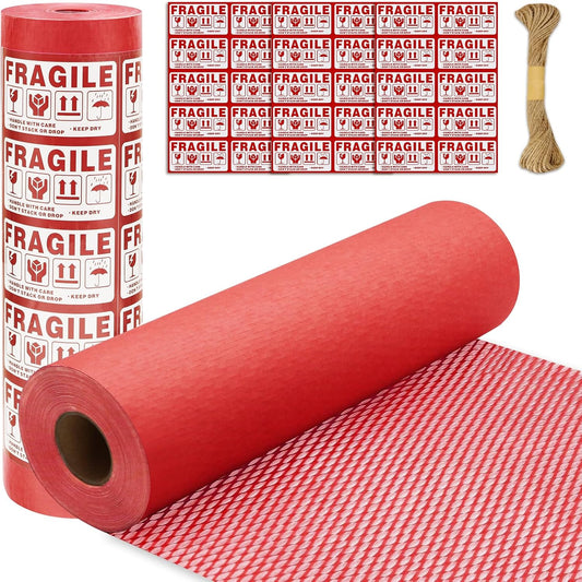 Honeycomb Packing Paper PINENUTS 15" x 131' Eco Friendly Packing Paper for Moving Recyclable Honeycomb Paper Bubble Paper Wrapping with 30 Fragile Sticker Labels and 66fthemp rope (Red)
