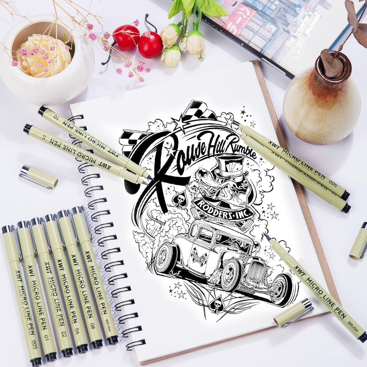 Micro Fineliner Pens 9 Size/Set, Ultra Fine Fineliner, Soft Nib, Brush Marker, Water-based Black Pigment Ink, Drawing Journaling Doodle Supplies for Artists, Designers, Students