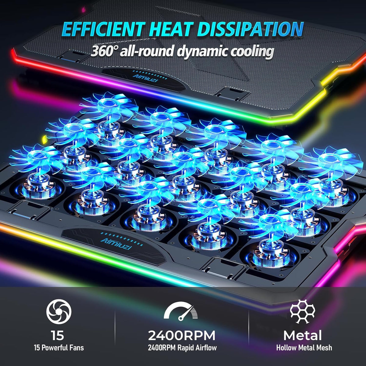 Gaming Laptop Cooling Pad, Laptop Cooler with 15 Quiet Fans for 12-17.3 Inch Notebook, Slim Portable Laptop Cooling Stand with 7 Height Adjustable, 2 USB Ports, Phone Stand