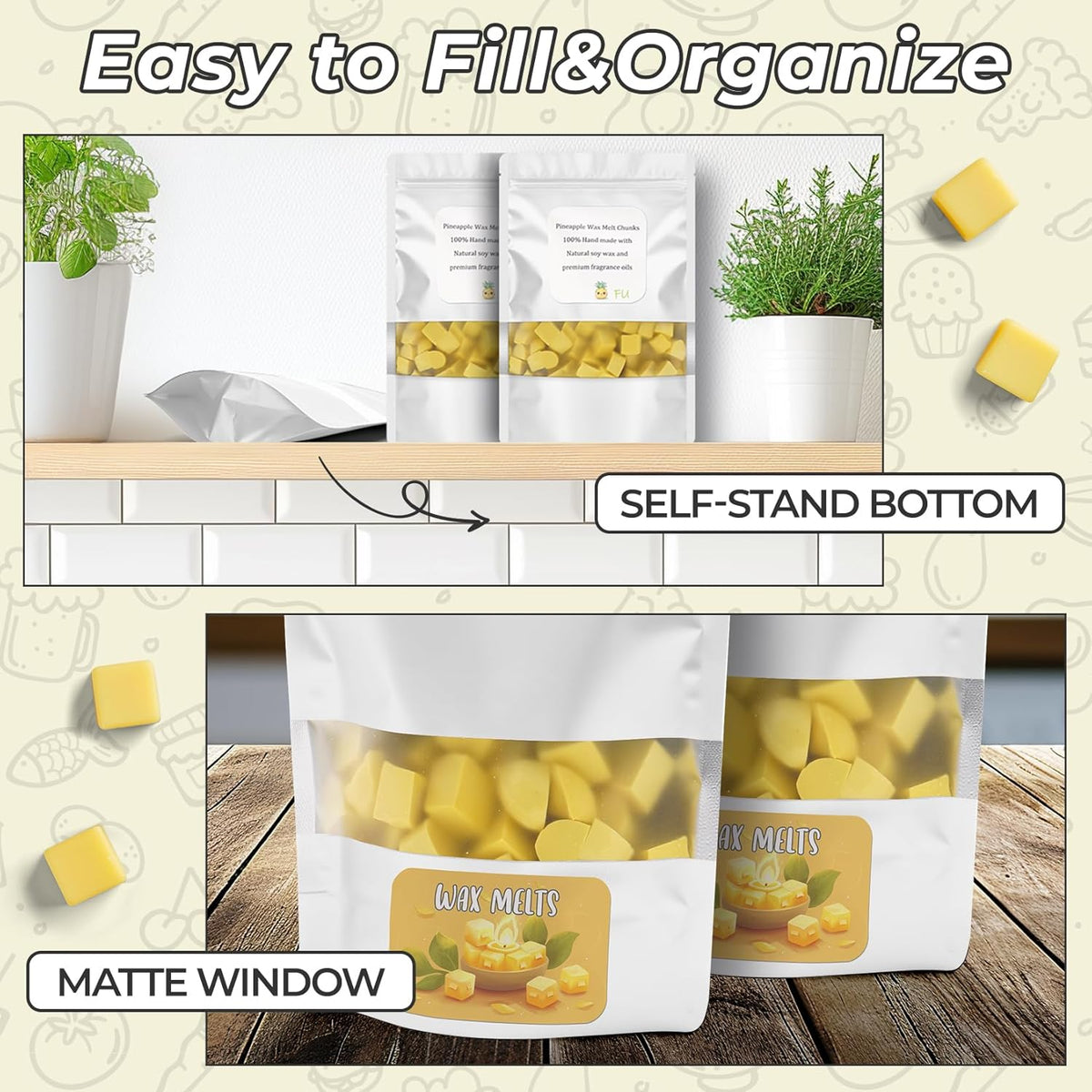 Funfery 100 Pcs Smell Proof Packaging Bags,Mylar Clear Bags for Food Storage,Sealable Bag for Packaging,Stand Up Pouches with Window,ReSealable Bag for Small Business,Cookies,Candy(White,4x6in)