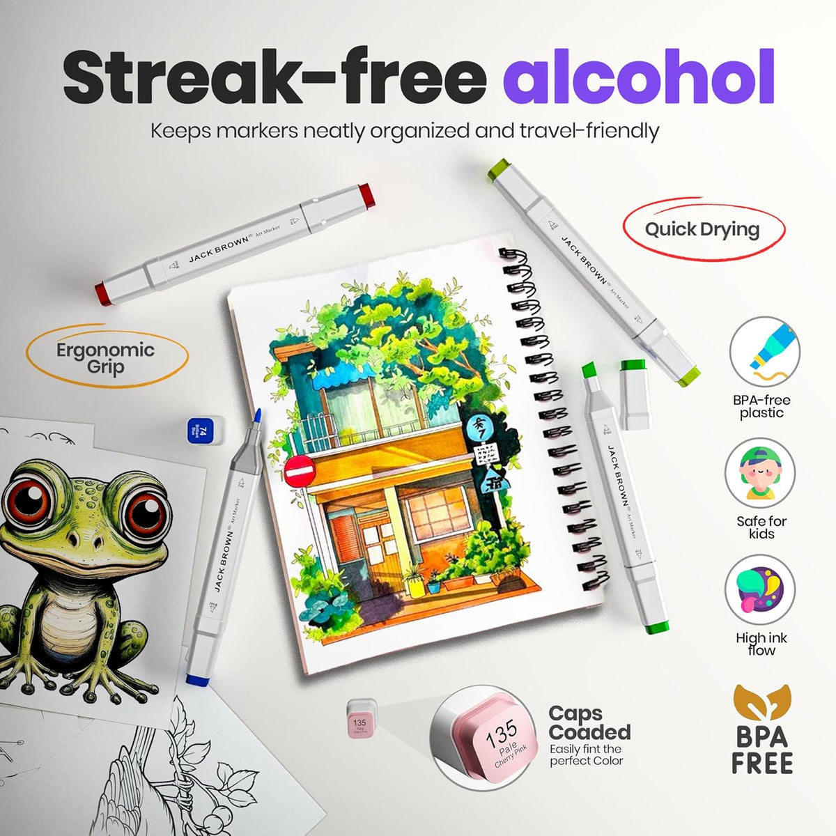JACK BROWN 168 Colors Alcohol Markers Set with Fine & Chisel Dual Tip - Professional Art Markers for Adults & Kids, Perfect for Drawing, Sketching, Coloring & Animation - Includes Durable Marker Case