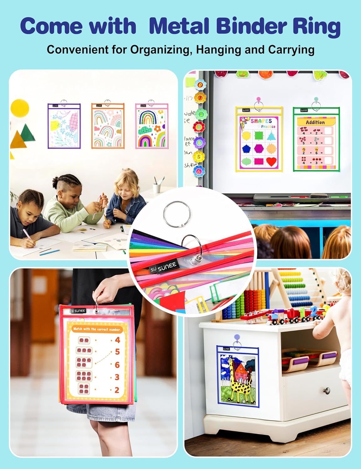 SUNEE 50 Packs Oversized Reusable Dry Erase Pocket Sleeves with 3 Rings, 10 Assorted Colors 10x14 Ticket Holders, Clear Plastic Sheet Protectors, Teacher School Classroom Supplies