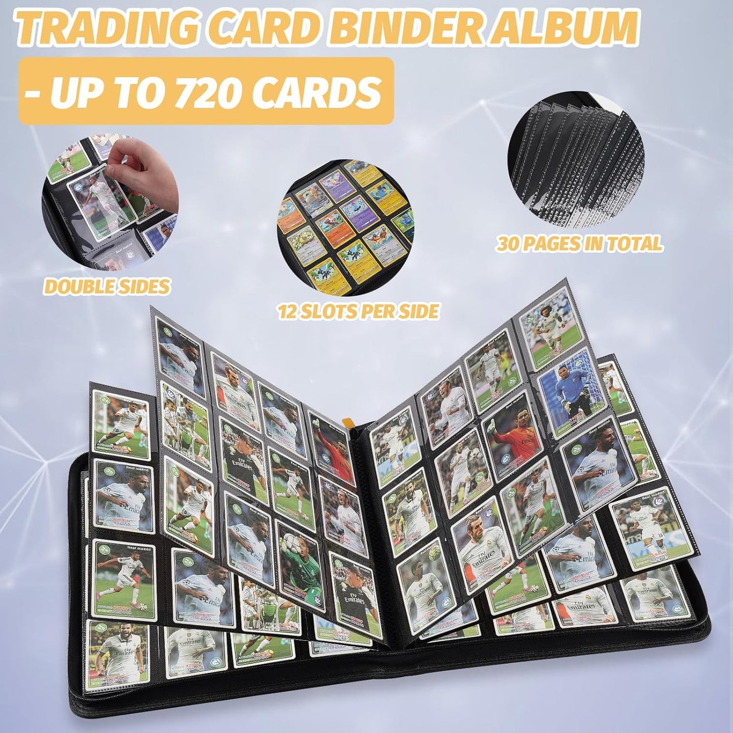 Trading Card Binder 12 Pocket, GERMUN PU Cover Card Binder for 720 Cards, Premium Trading Card Holder Folders, Double Sided Pocket Card Album for MTG, TCG (Yellow)