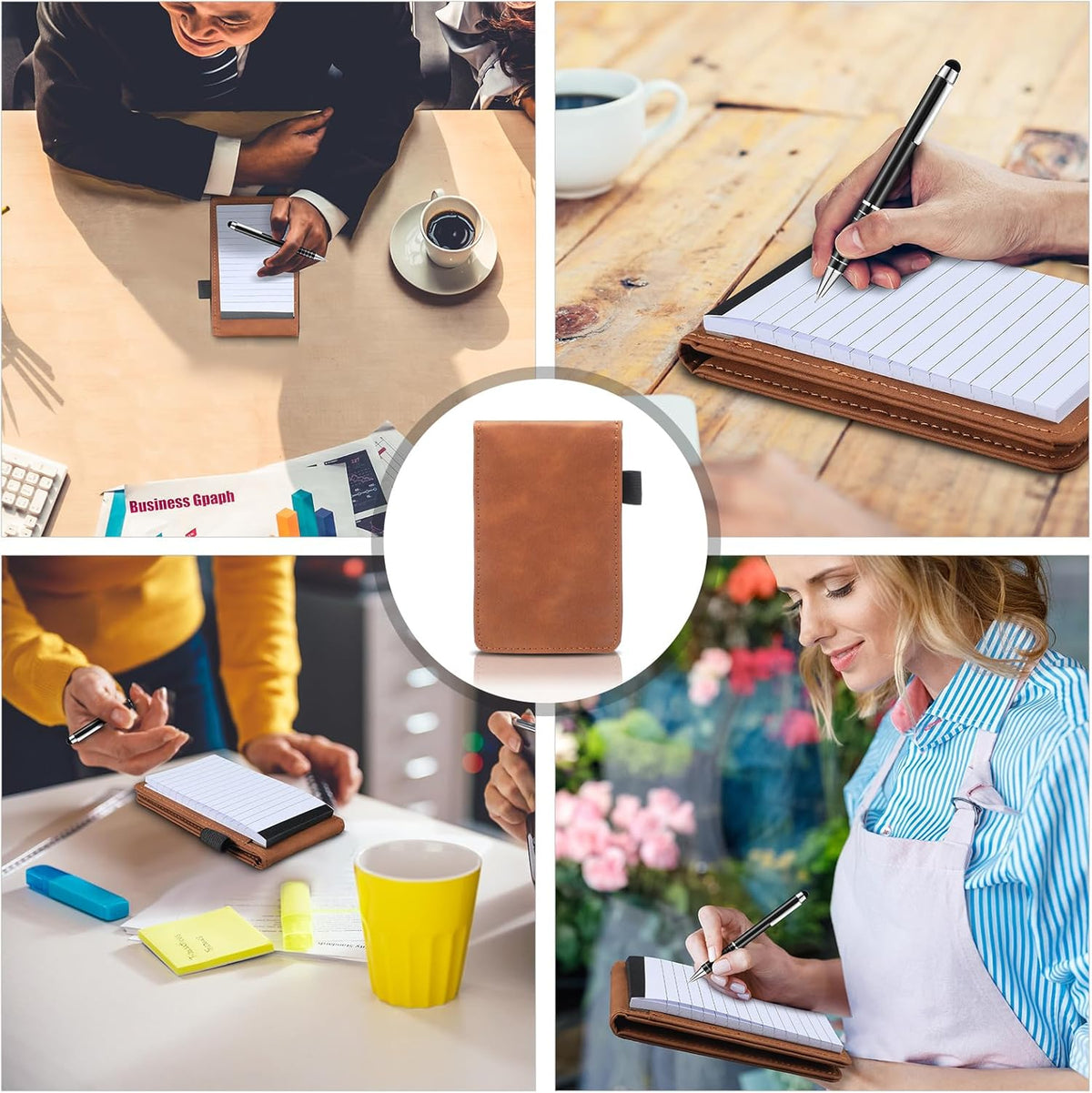 Outus 10 Pcs Mini Pocket Notepad Holder Set Included Mini Pocket Notepad Holder with 50 Lined Sheets, Metal Pen, 8 Pcs 3 x 5 Inch Memo Book Refills, 30 Lined Paper Per Note Pad (Camel，white)