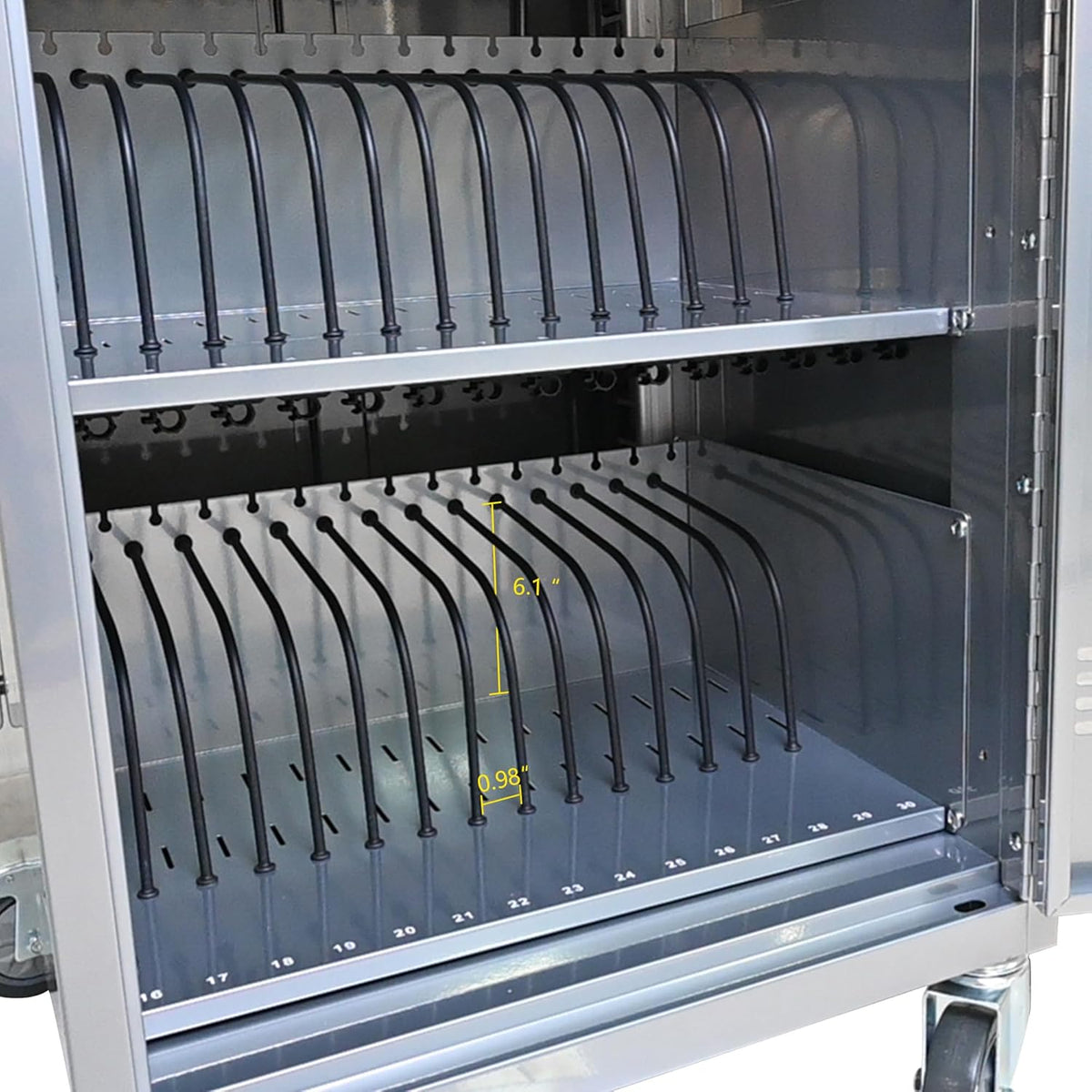 35 Devices Mobile Lockable Charging Cart and Cabinet Up to 16.3" Screen Tablet Storage Cart Charging Trolley Station with Handle and Cable Management Dividers for Tablets Laptops Chromebook Silver