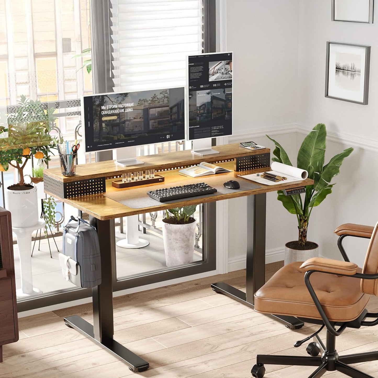 Claiks Electric Standing Desk with Shelf, 48 Inch Height Adjustable Standing Desk with LED Lights & Monitor Stand, Black Frame/Rustic Brown Top