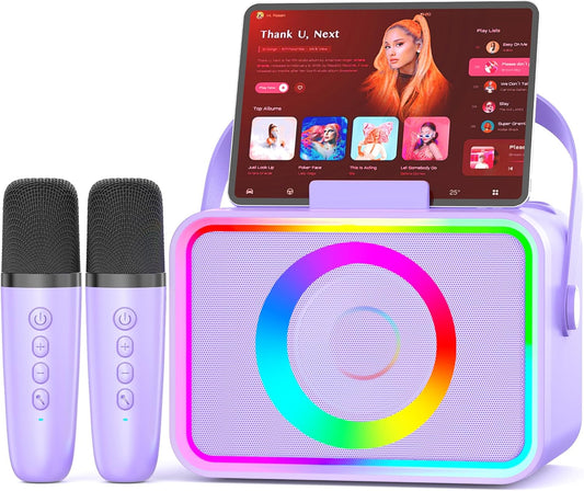 Karaoke Machine,Portable Bluetooth Speaker with 2 Wireless Microphone for Adults & Kids with LED Lights, Karaoke Microphone with PA System Supports USB/TF/AUX,Gift for Party (Purple)