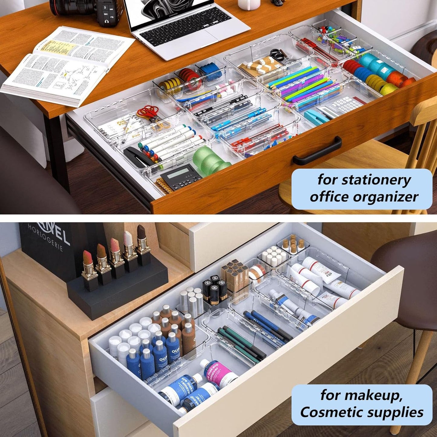 15 Pcs Clear Extendable Drawer Organizer,Adjustable Vanity Storage Box, 2-Size Desk Drawer Organizer, Acrylic Storage Bin for Makeup, Cosmetic,Desk Organizer Gadgets for Bathroom Bedroom Kitchen