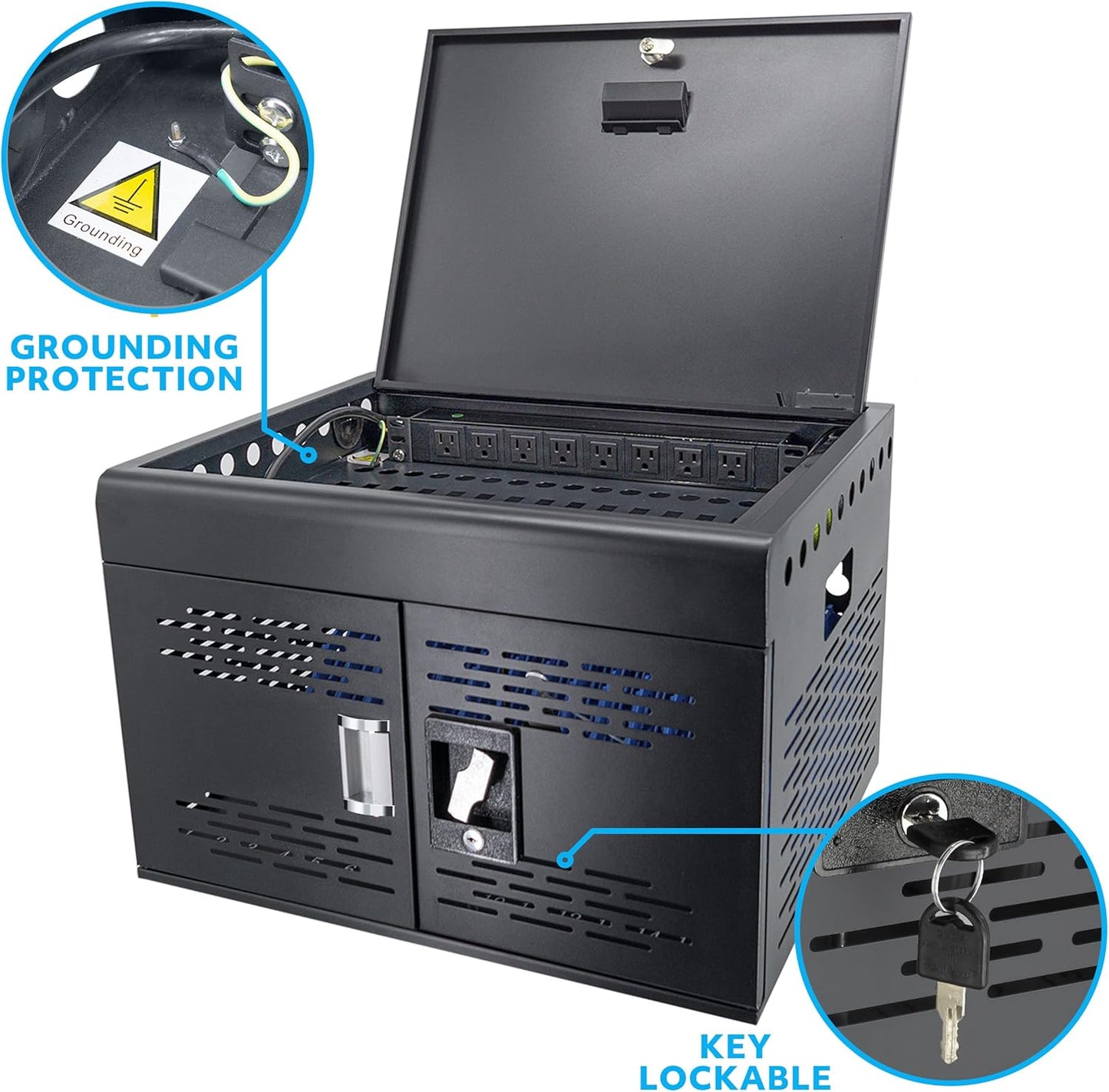 POCHAR 16-Unit Charging Cabinet for Laptops & Tablets - Locking Laptop Storage Box with Cable Management, Charger Storage, and Ground Protection for Classroom, Library, and Office (Black)