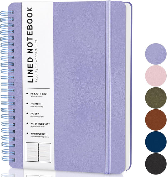 Lined Spiral Journal Notebook, A5 Hardcover Leather Notebook for Work, 5.7''×8.2'', 100GSM Thick Paper Spiral Bound Journaling Notebooks for Women & Men Office School Note Taking Business, Purple