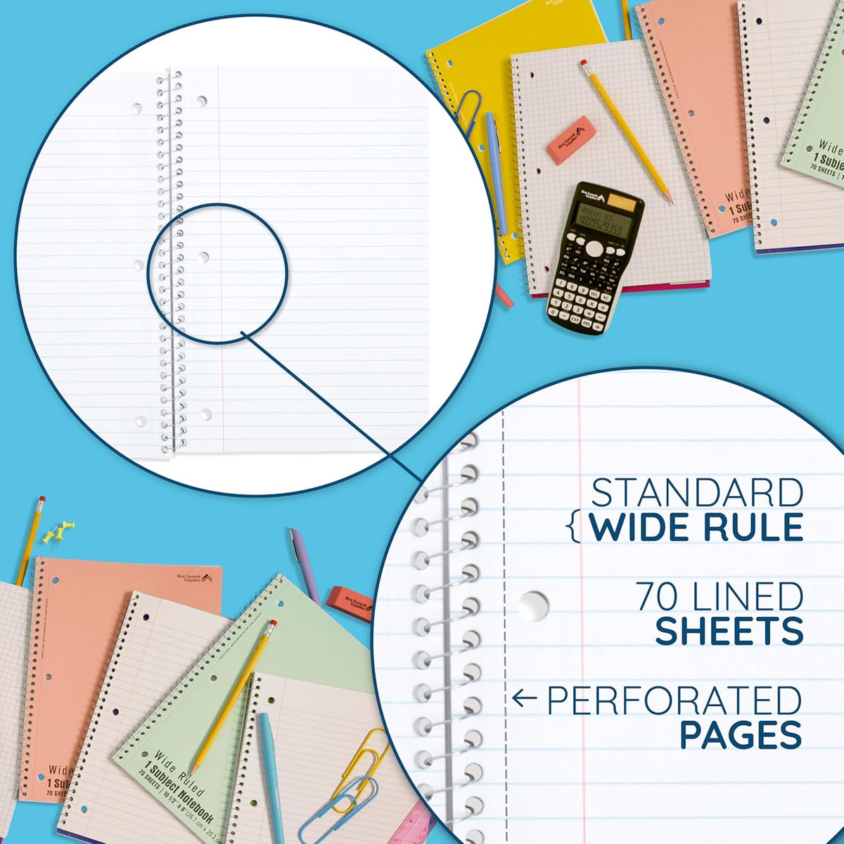 Blue Summit Pastel School Notebooks, 1 Subject Notebooks for School Wide Ruled, 6 Pack
