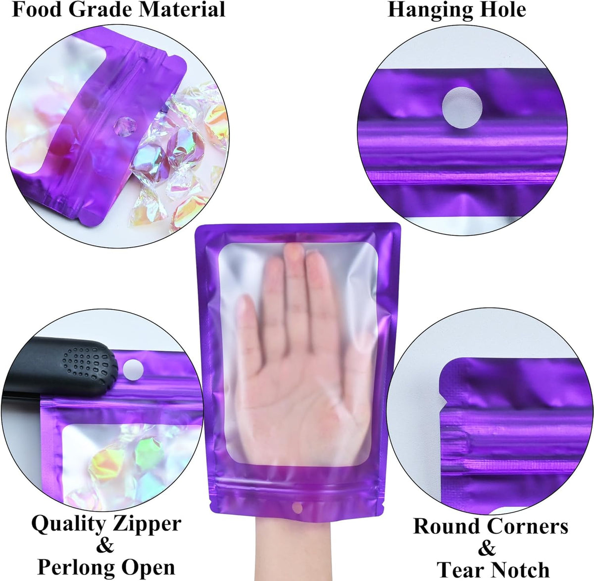 Resealable Mylar Pouch Bag Great for Office Home Party Favor Food Storage (100PCS, Purple Color, 4 x 6 inch)
